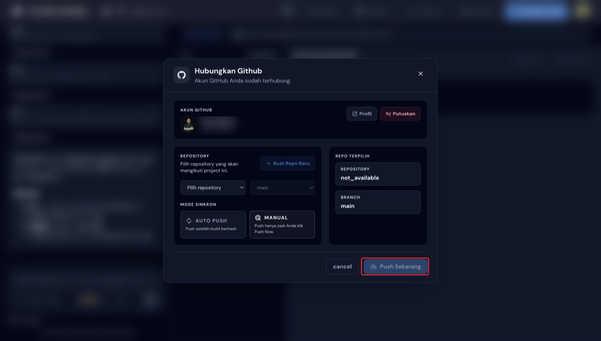 Tombol Push Sekarang dan panel Repo Terpilih menampilkan repository dan branch aktif