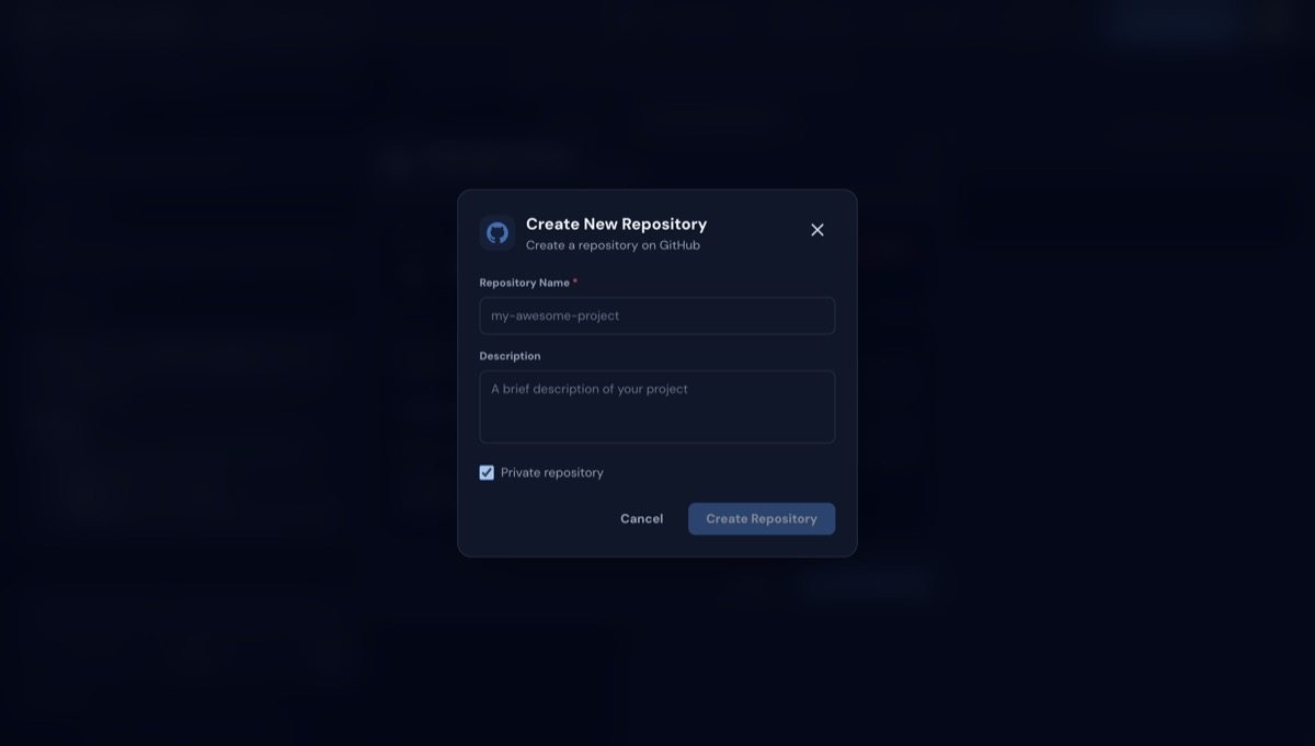 Form Create New Repository dengan field nama, deskripsi, dan private repository