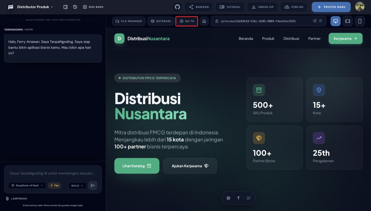 Tombol GO TO di toolbar preview builder