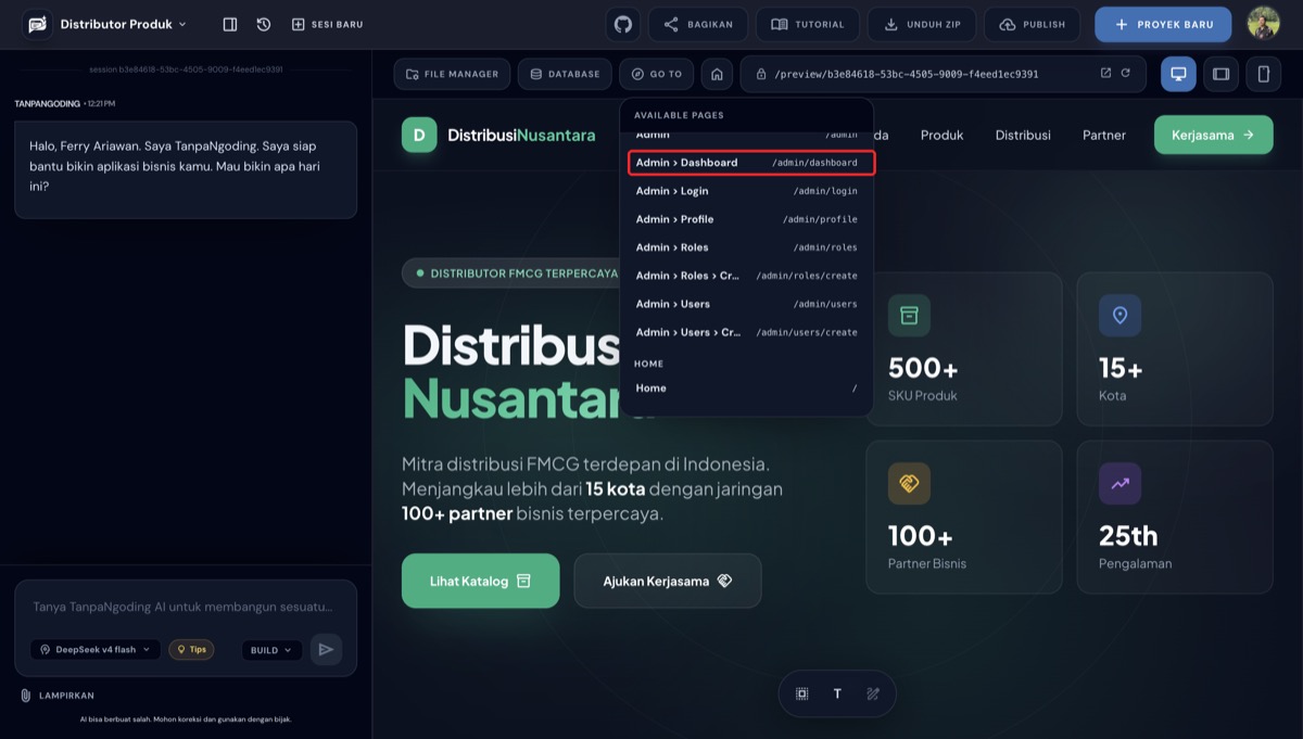 Dropdown daftar route Available Pages dengan grup Admin dan Home