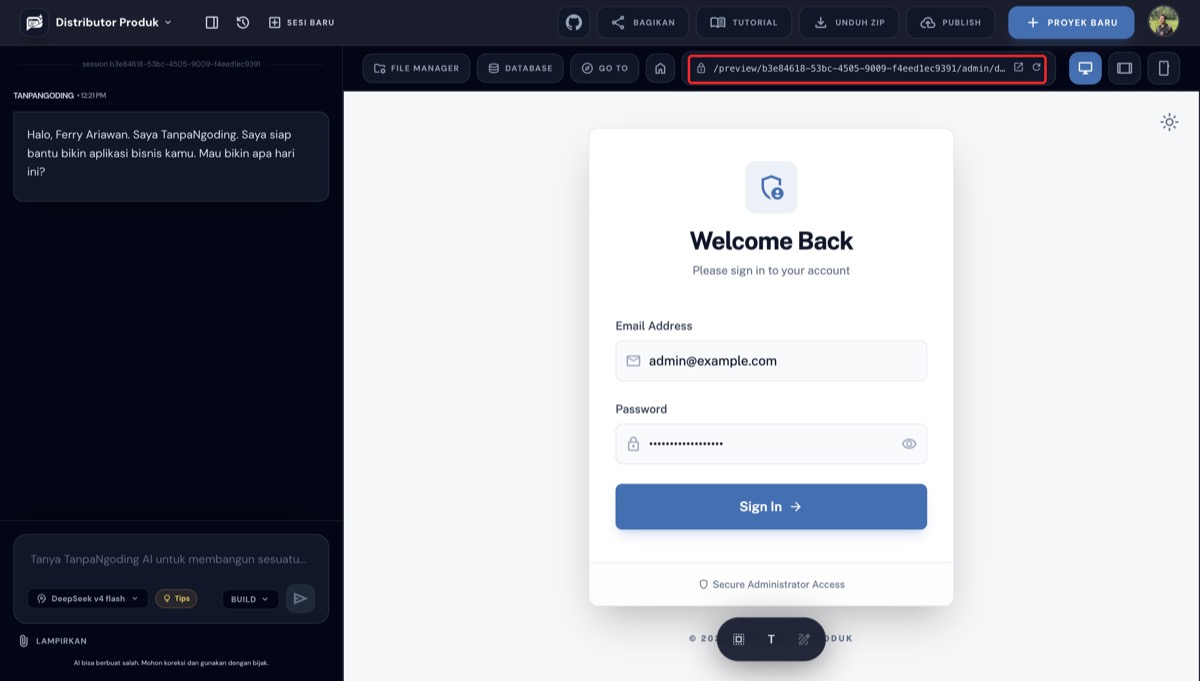Preview pindah ke halaman admin dashboard setelah pilih route dari GO TO