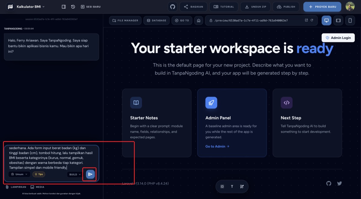 Prompt lengkap kalkulator BMI diketik di kotak chat builder, siap dikirim dengan tombol kirim di pojok kanan bawah
