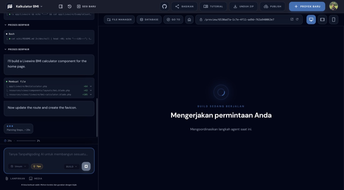 Panel proses berpikir AI menampilkan langkah membuat file BmiCalculator.php, layout, dan tampilan Livewire secara berurutan