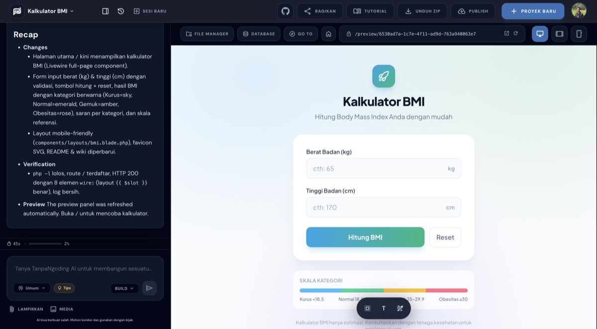 Halaman kalkulator BMI yang sudah jadi dengan form berat badan, tinggi badan, tombol Hitung BMI, dan skala kategori di bawahnya