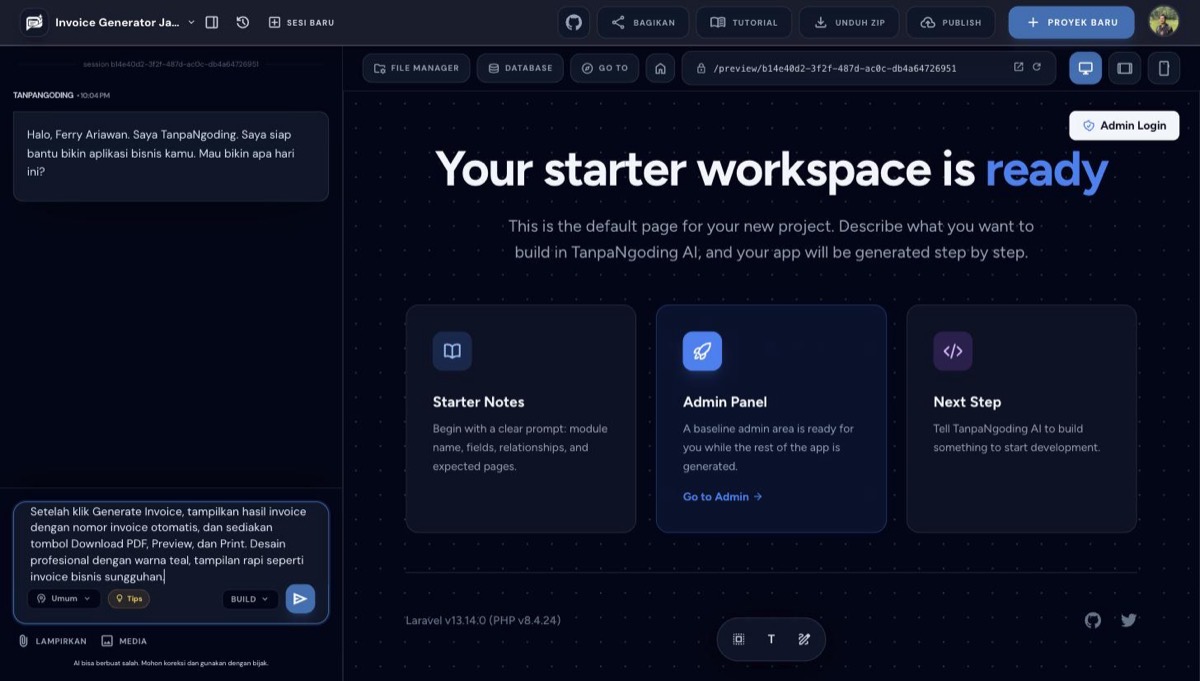 Prompt lengkap Invoice Generator diketik di kotak chat builder, siap dikirim
