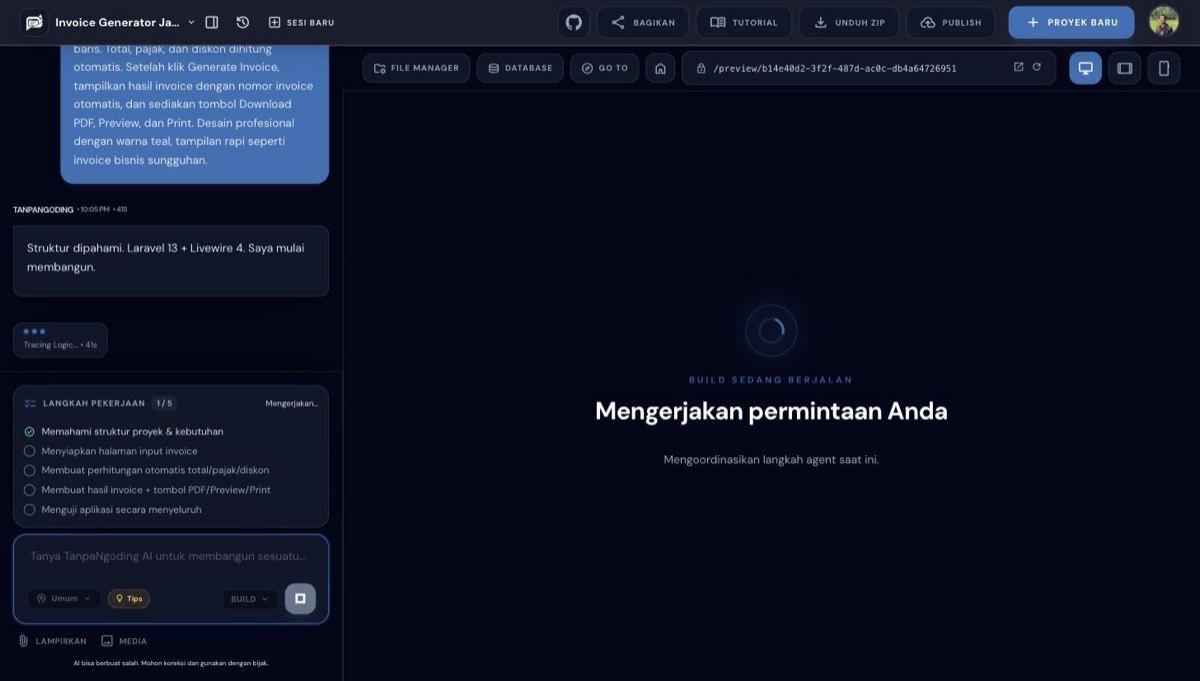 Panel proses AI menampilkan langkah kerja Invoice Generator dan progres tracing logika perhitungan