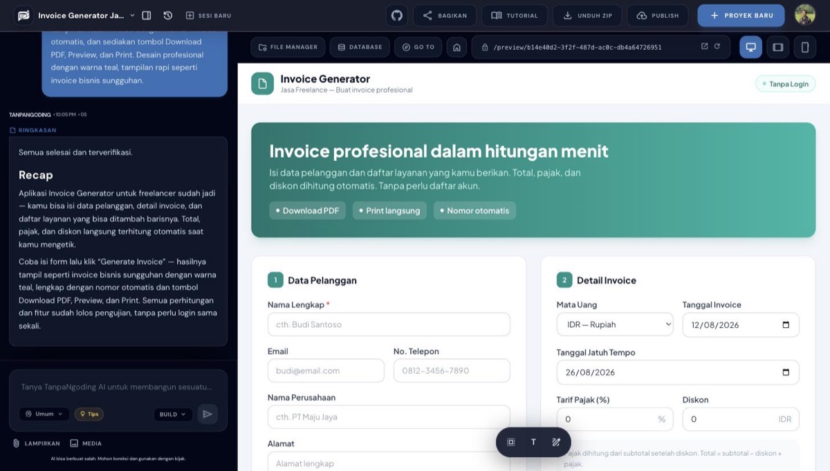 Halaman Invoice Generator yang sudah jadi dengan form Data Pelanggan dan Detail Invoice