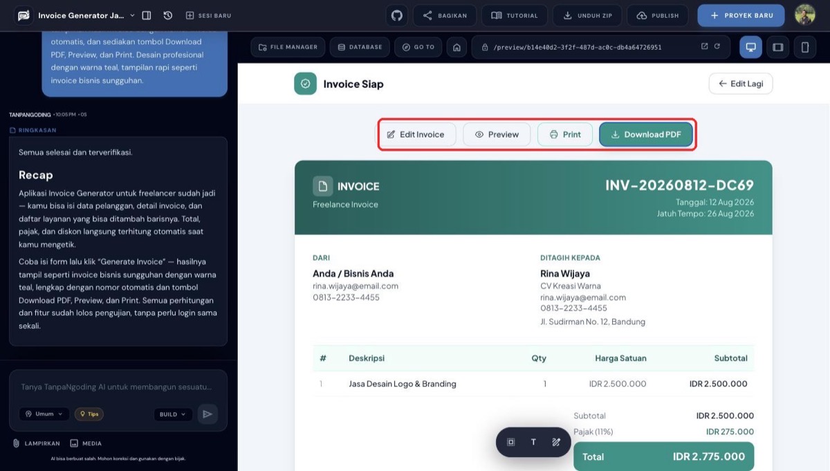Invoice yang berhasil dibuat dengan kotak merah menandai tombol Edit Invoice, Preview, Print, dan Download PDF