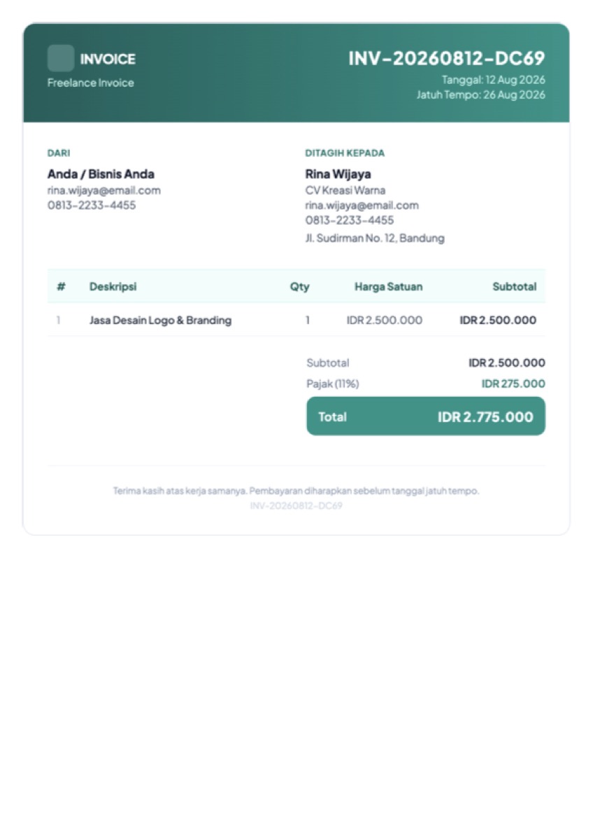 Hasil akhir invoice dalam format PDF bergaya teal dengan rincian item, subtotal, pajak, dan total