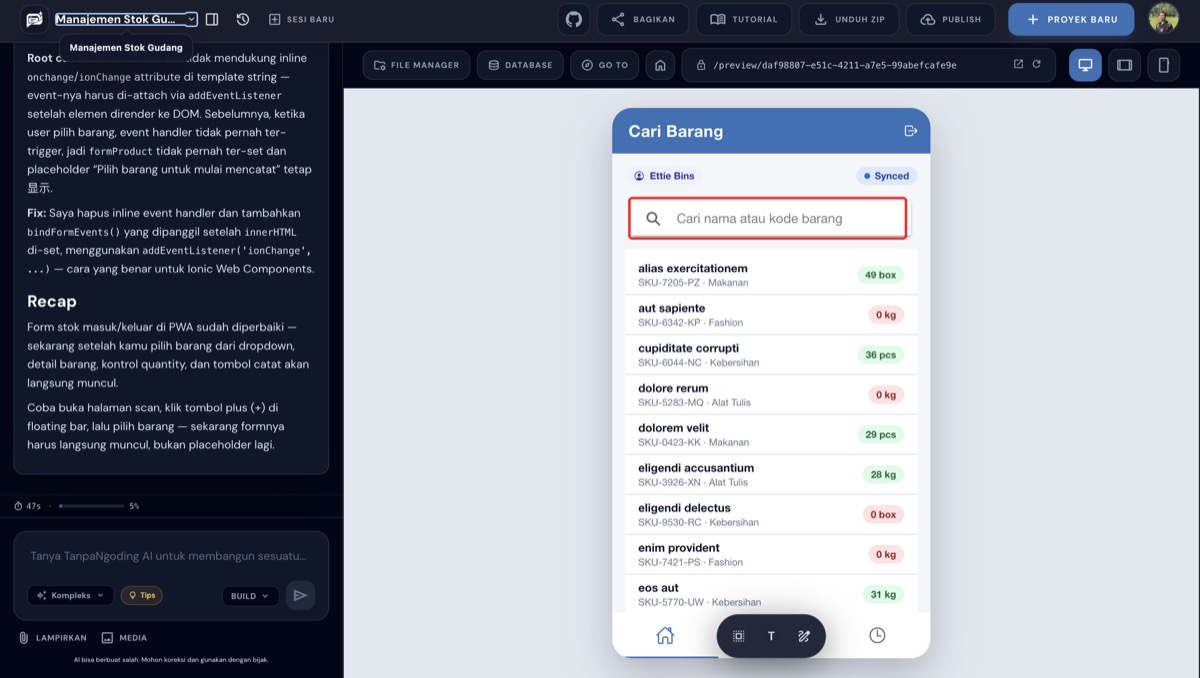 Halaman Cari Barang di PWA stok gudang, menampilkan kolom pencarian dan daftar barang dengan stok saat ini