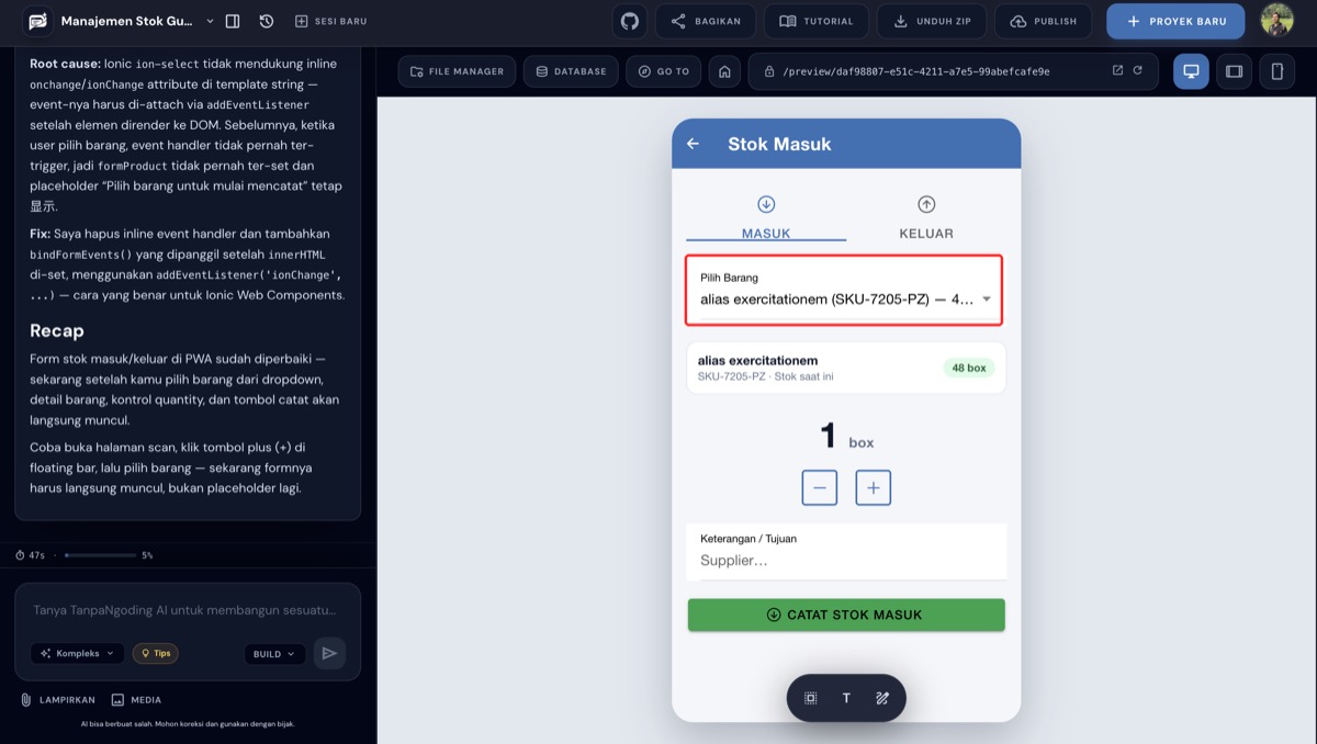 Form Stok Masuk terisi dengan barang alias exercitationem, kotak Pilih Barang ditandai kotak merah