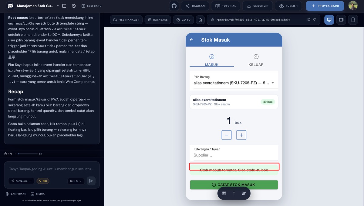 Pesan sukses stok masuk tercatat dengan sisa stok terbaru, ditandai kotak merah