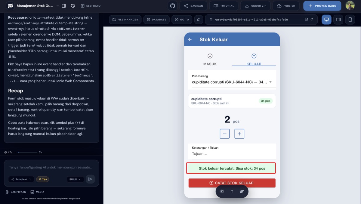 Pesan sukses stok keluar tercatat dengan sisa stok terbaru, ditandai kotak merah