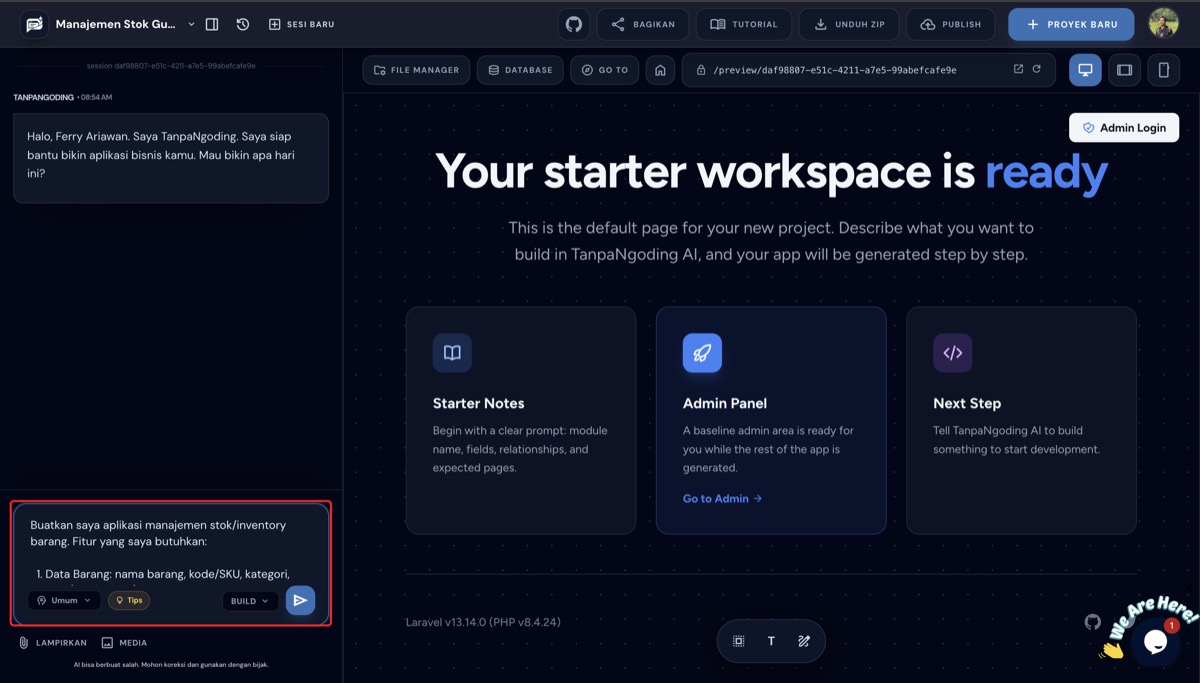 Prompt lengkap manajemen stok gudang diketik di kotak chat builder TanpaNgoding AI