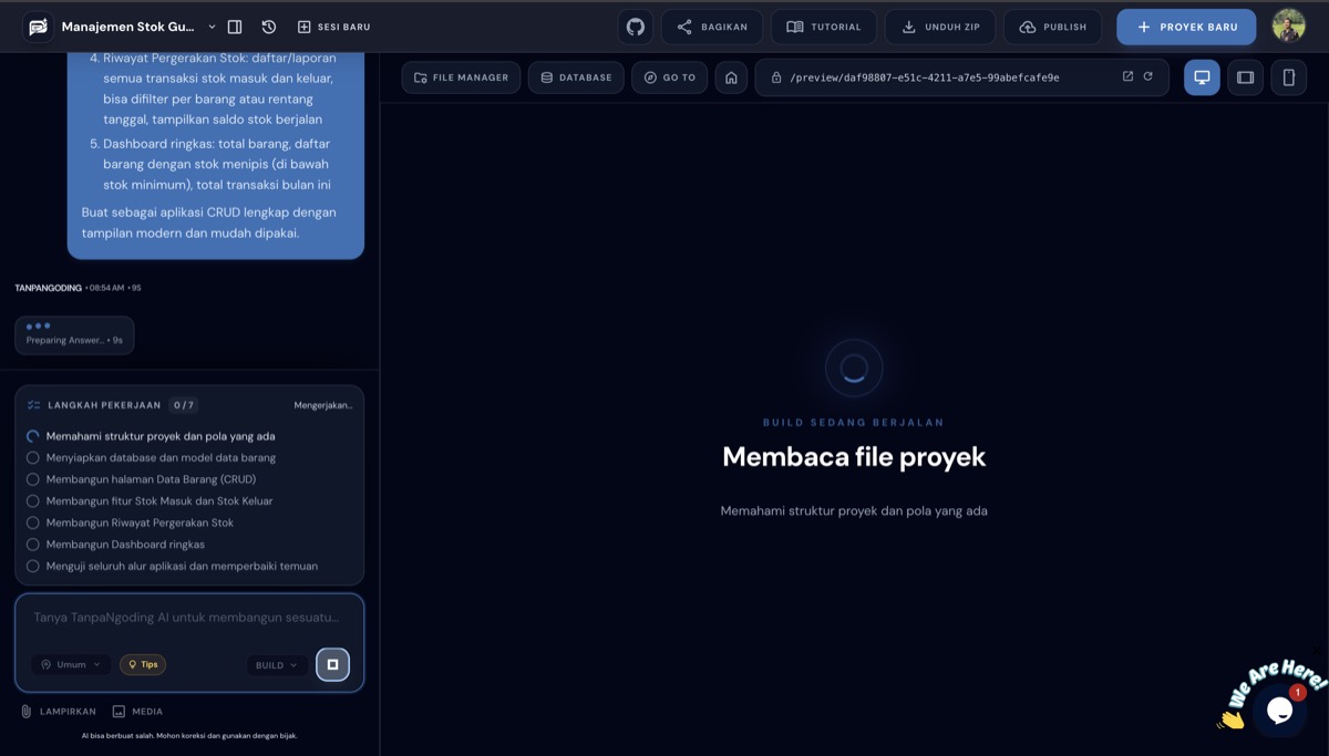 Proses AI membangun aplikasi manajemen stok, menampilkan progress membaca file proyek