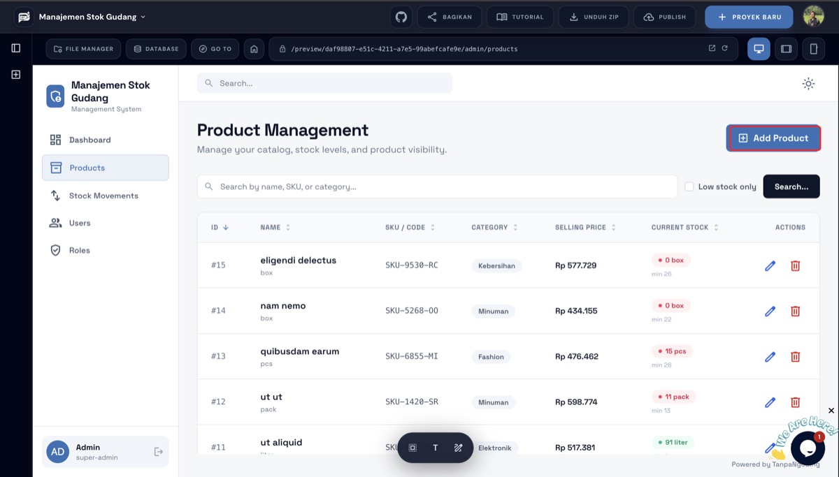 Halaman Product Management menampilkan daftar barang dengan kolom SKU, kategori, harga jual, dan stok saat ini