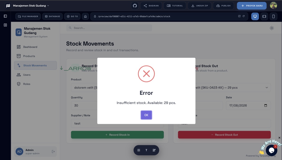 Pesan error Insufficient stock, available 29 pcs, muncul saat mencoba mencatat stok keluar melebihi stok tersedia