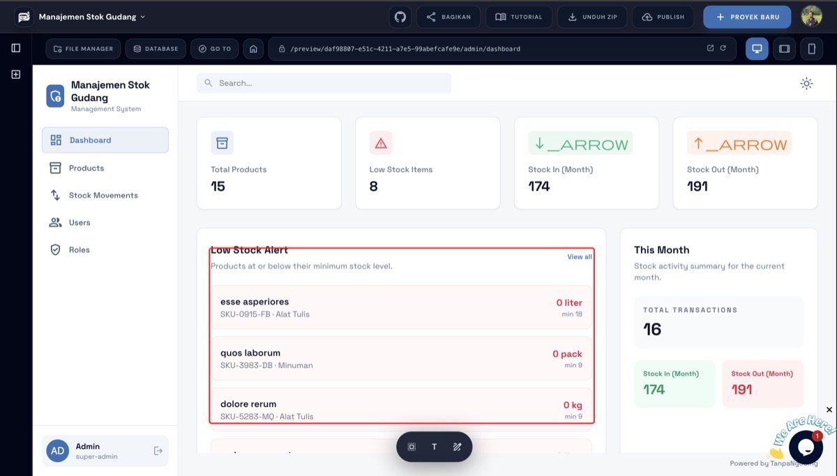 Dashboard akhir menampilkan ringkasan total produk, stok masuk dan keluar bulan ini, serta daftar Low Stock Alert