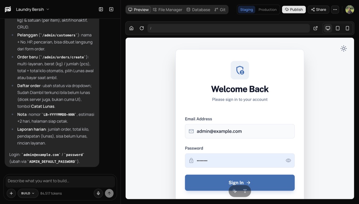 Ringkasan fitur dari AI di panel chat dan halaman login aplikasi di panel preview