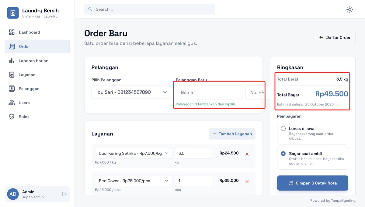 Form Order Baru dengan pelanggan Ibu Sari, layanan kiloan dan satuan, serta ringkasan total Rp49.500