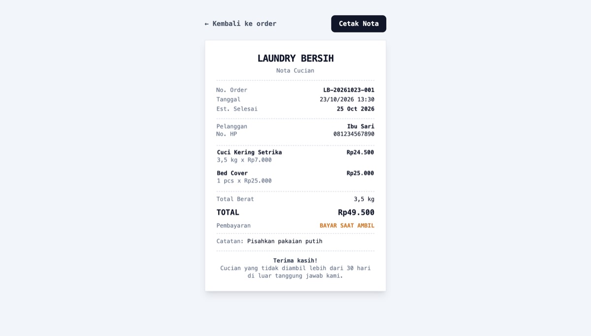 Nota cucian Laundry Bersih dengan nomor order, rincian layanan, total Rp49.500, dan status bayar saat ambil