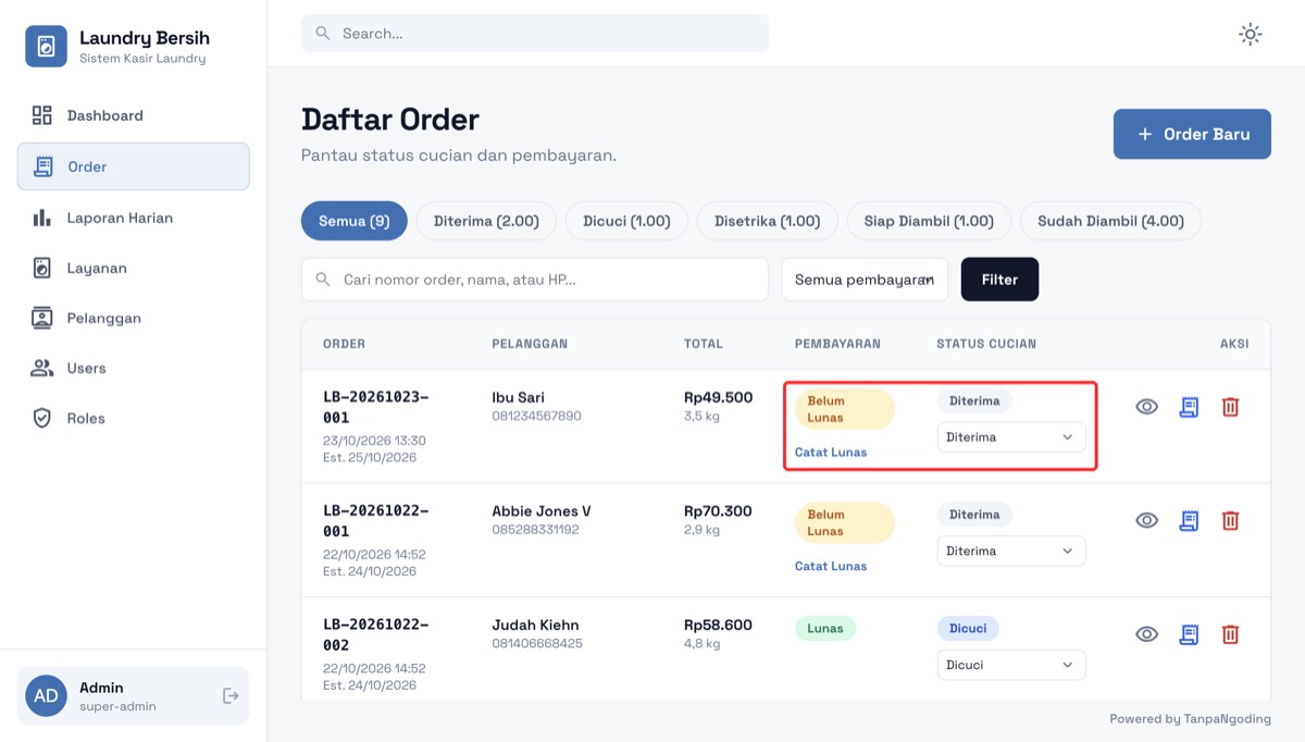 Daftar Order dengan order Ibu Sari berstatus Belum Lunas, tombol Catat Lunas, dan dropdown status cucian