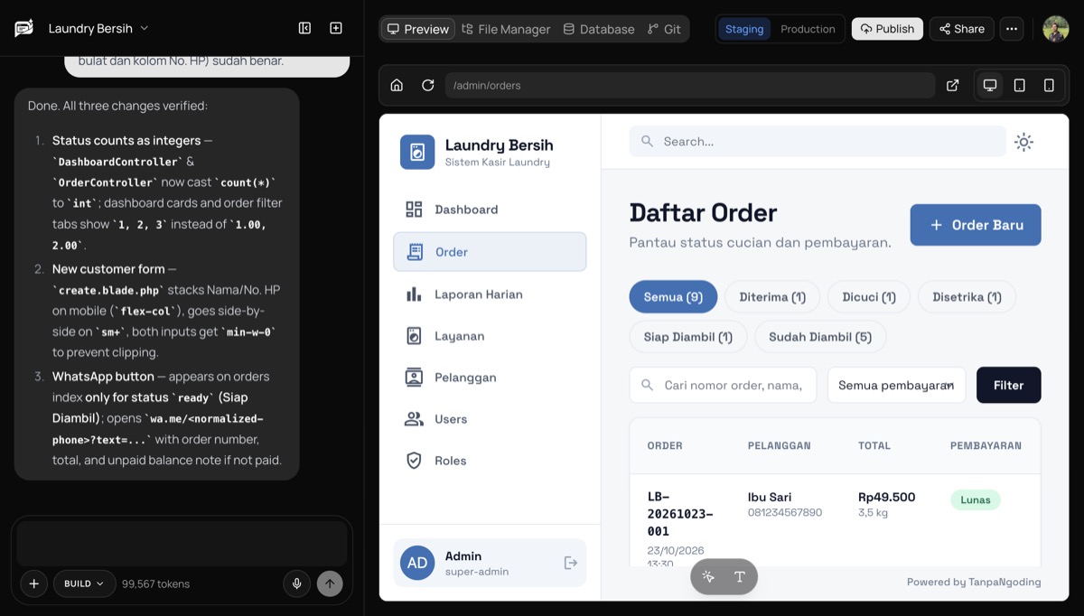 Ringkasan AI setelah perbaikan, dengan filter status yang kini menampilkan bilangan bulat di preview
