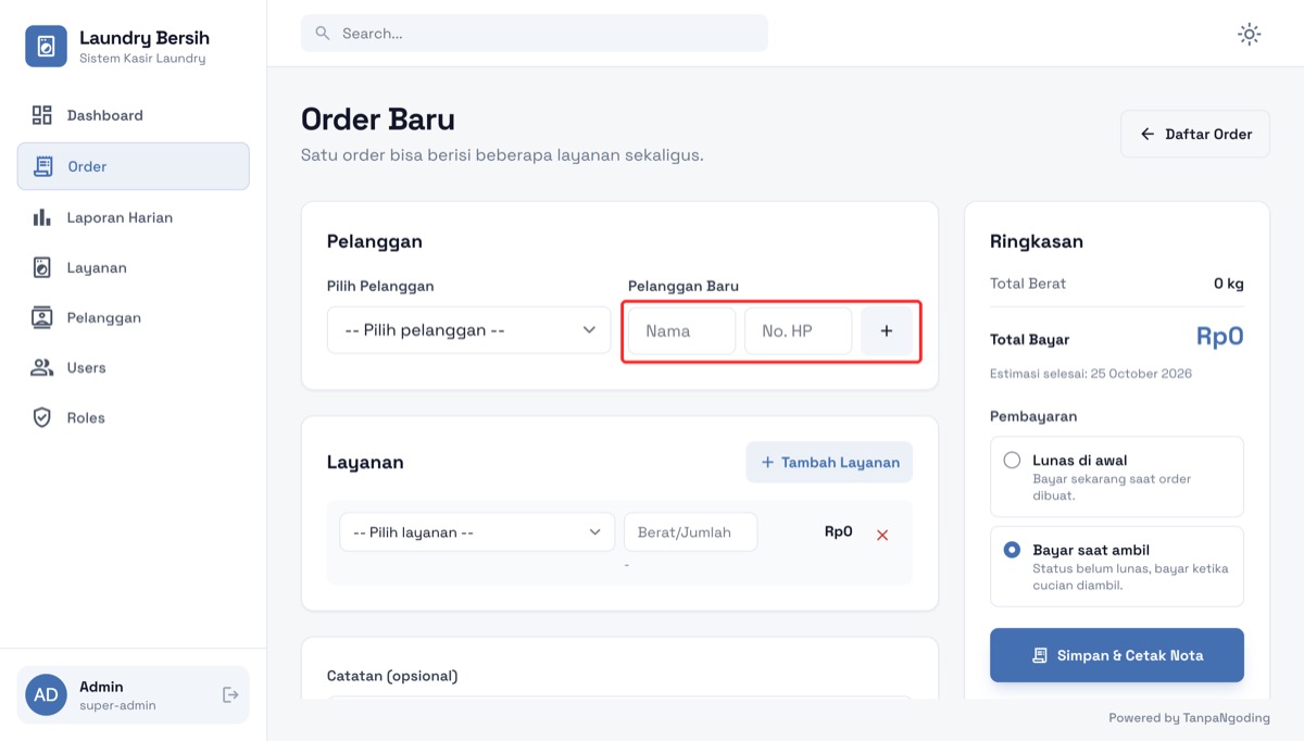 Form Order Baru dengan kolom Nama, No. HP, dan tombol tambah pelanggan yang sudah rapi