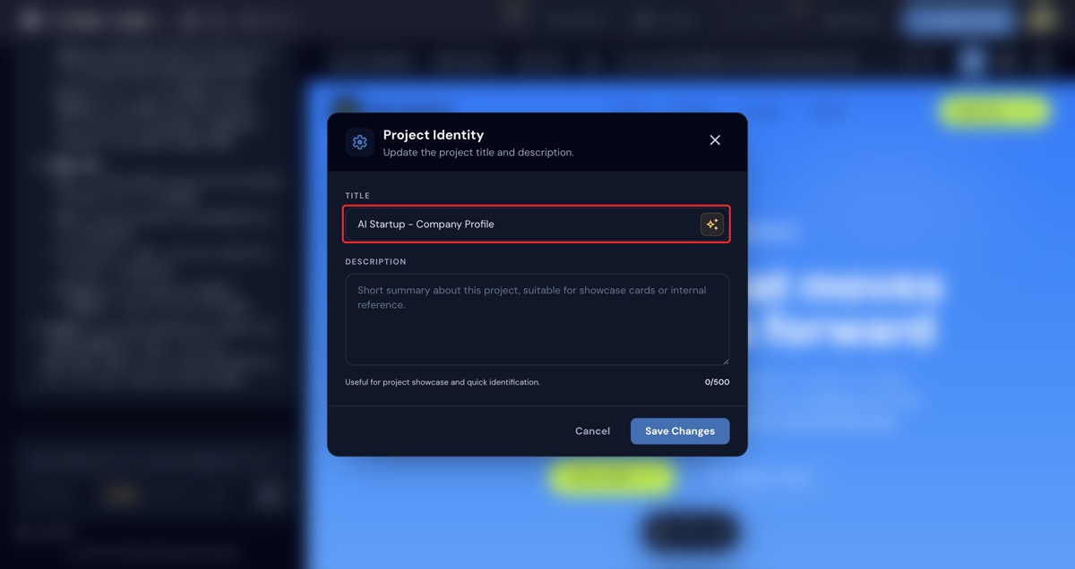 Modal Project Identity untuk mengubah title dan description project