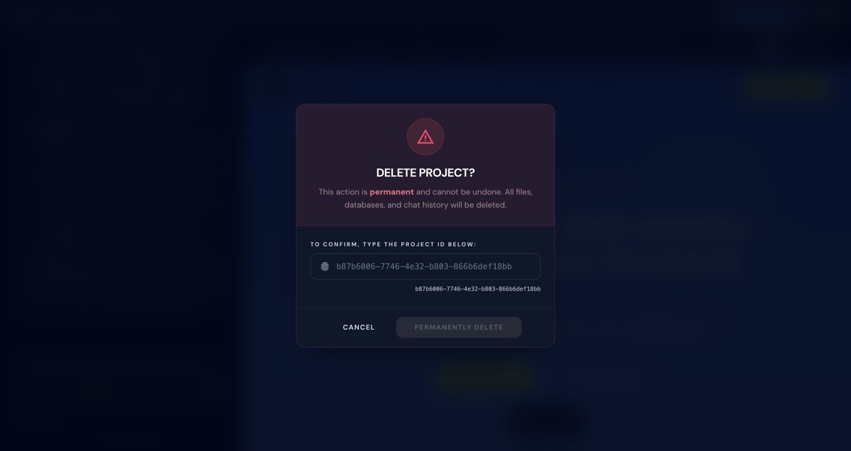 Dialog konfirmasi hapus project yang meminta user mengetik ulang Project ID sebelum bisa menghapus permanen