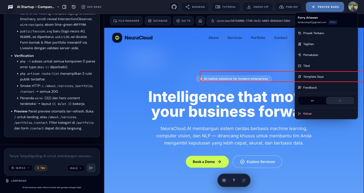 Menu Template Saya di dropdown avatar profil builder TanpaNgoding AI