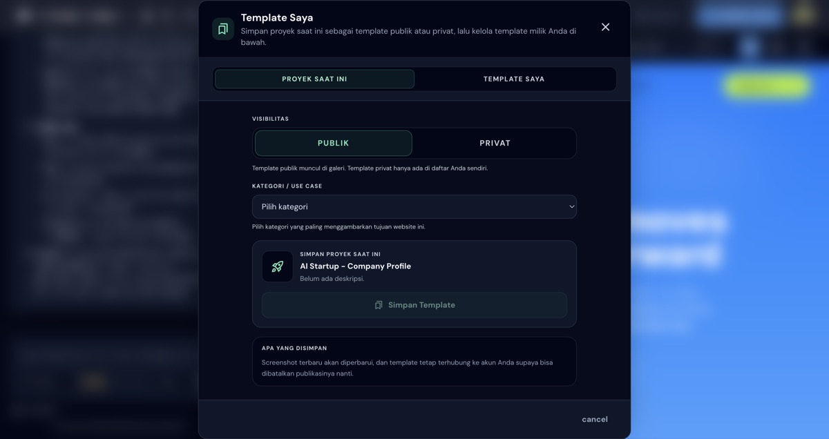 Modal Template Saya dengan tab Proyek Saat Ini dan Template Saya di builder TanpaNgoding AI