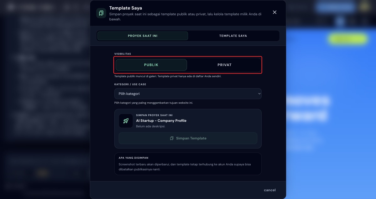 Toggle visibilitas Publik atau Privat di modal Template Saya