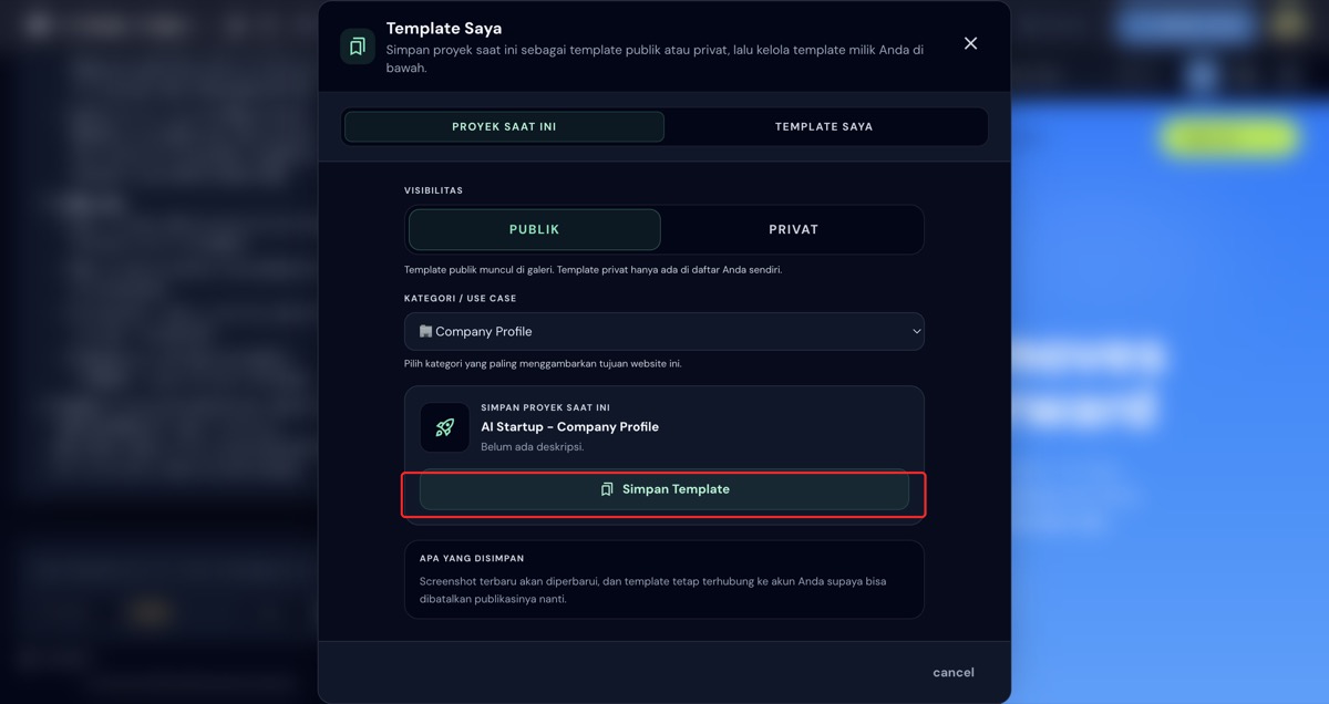 Dropdown kategori terisi dan tombol Simpan Template aktif berwarna hijau
