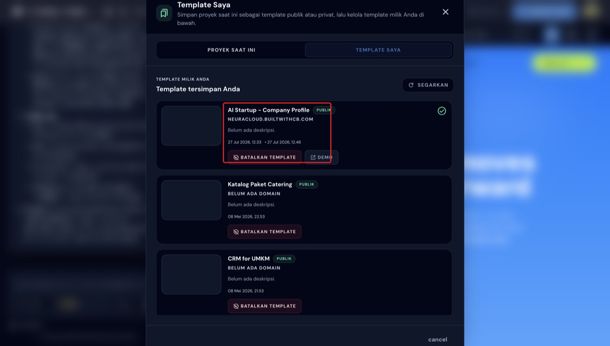Daftar template tersimpan dengan badge Publik, tombol Demo, dan Batalkan Template
