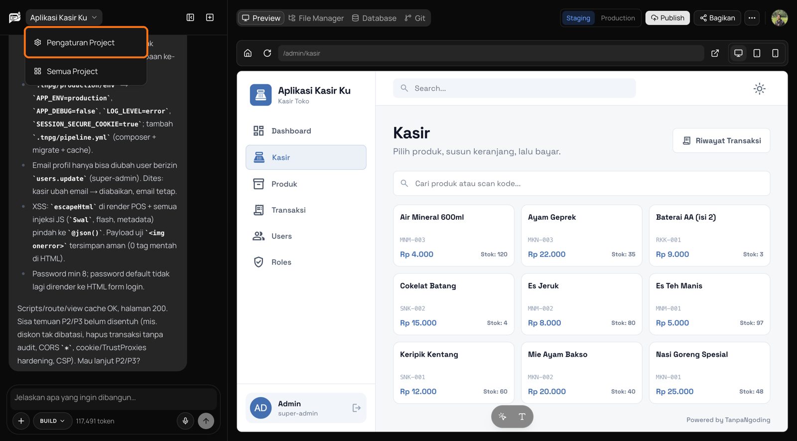 Menu dropdown nama project di builder TanpaNgoding AI dengan pilihan Pengaturan Project