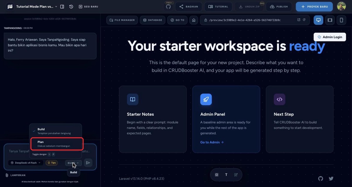 Dropdown mode chat menampilkan pilihan Build dan Plan