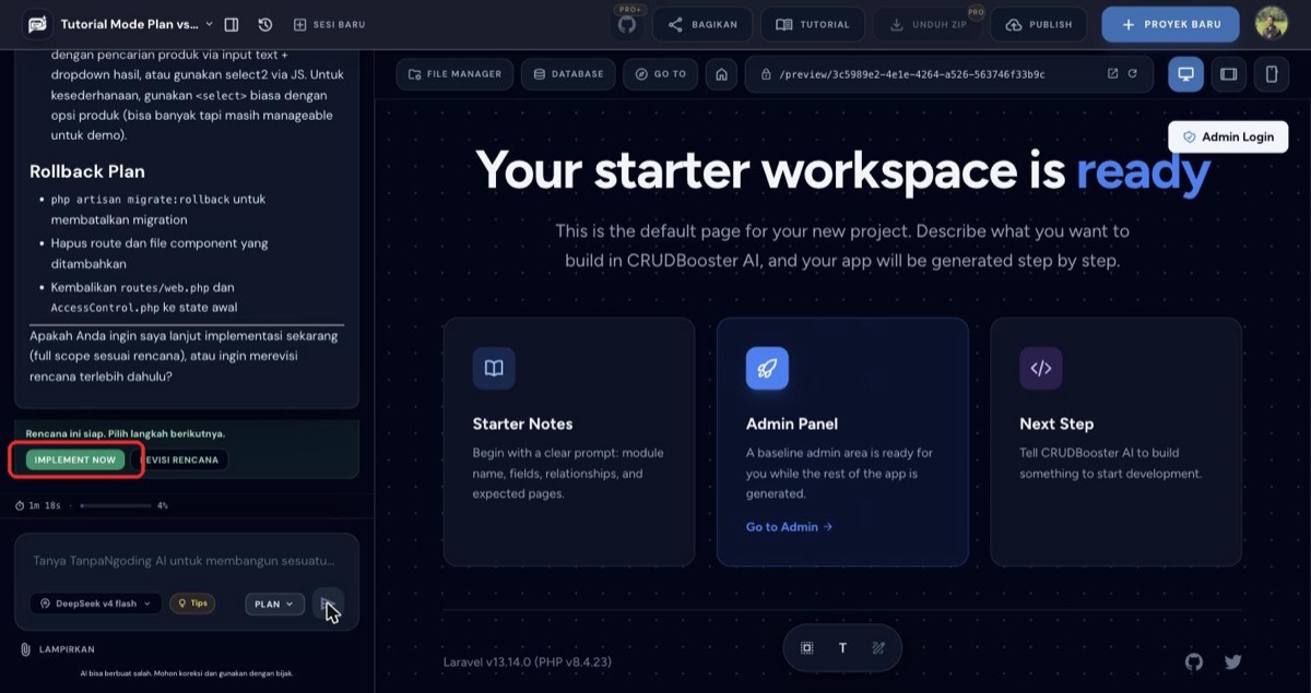 Plan siap ditampilkan, preview masih menunjukkan starter page default