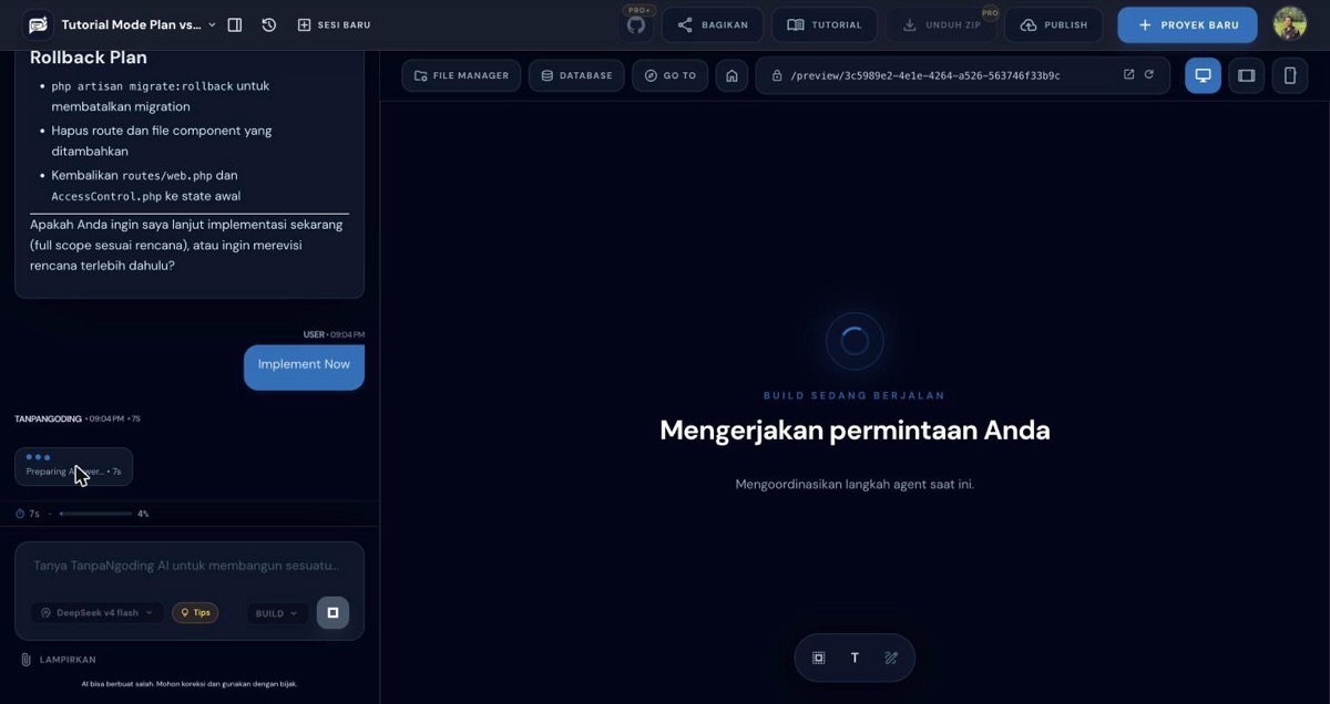 Tombol Implement Now diklik, mode otomatis berganti ke Build