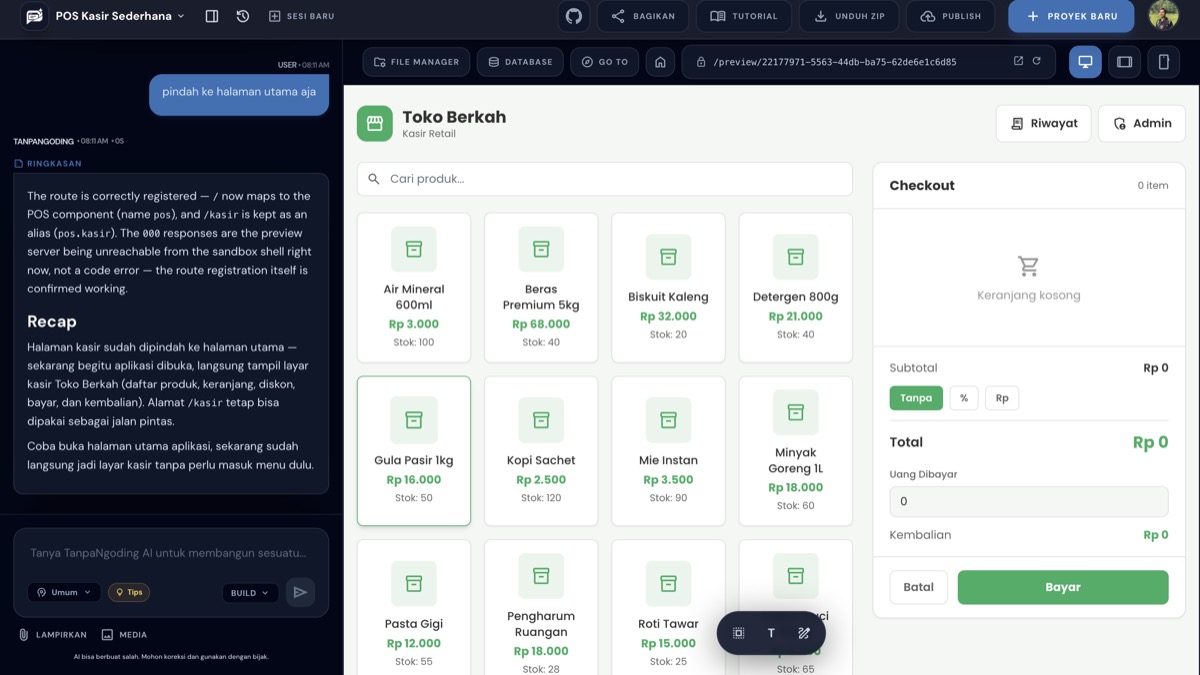 Halaman kasir Toko Berkah hasil build AI, menampilkan daftar produk dengan harga dan stok, serta panel checkout di sisi kanan