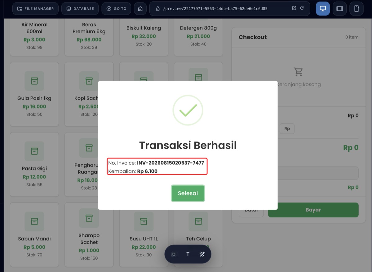 Modal Transaksi Berhasil menampilkan nomor invoice dan kembalian Rp 6.100