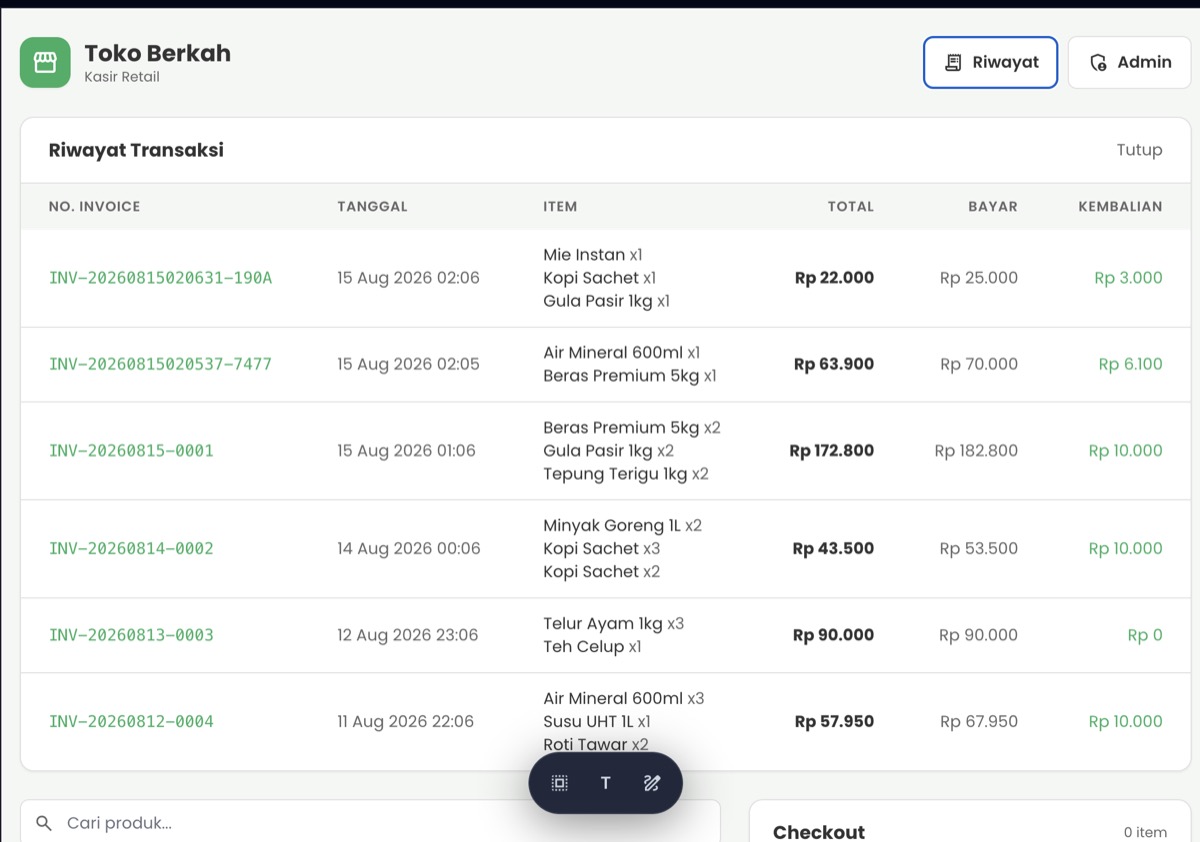 Halaman Riwayat Transaksi menampilkan daftar transaksi dengan nomor invoice, tanggal, item, total, bayar, dan kembalian