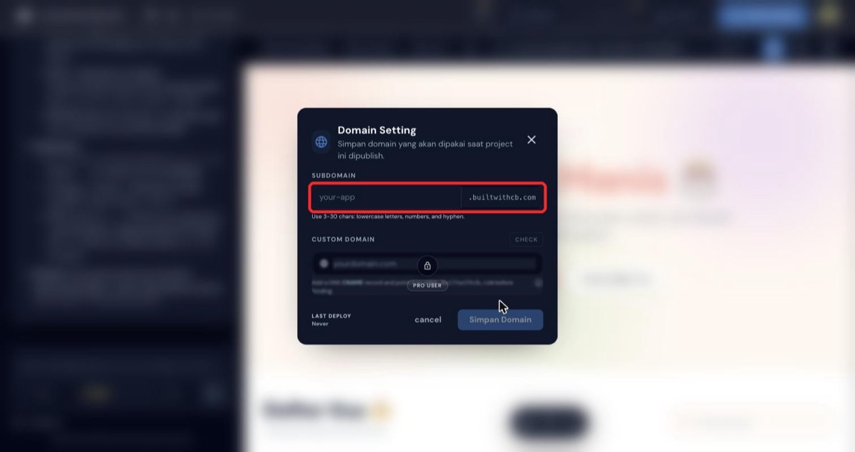 Form Domain Setting kosong dengan field subdomain