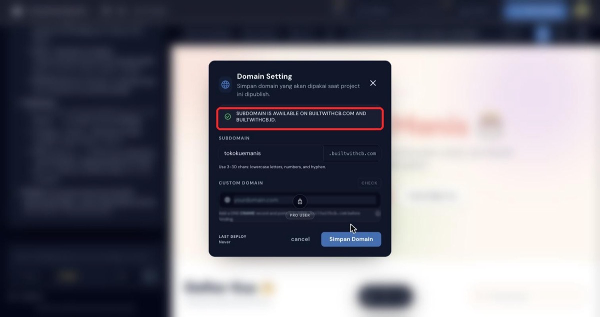 Notifikasi subdomain tersedia berwarna hijau