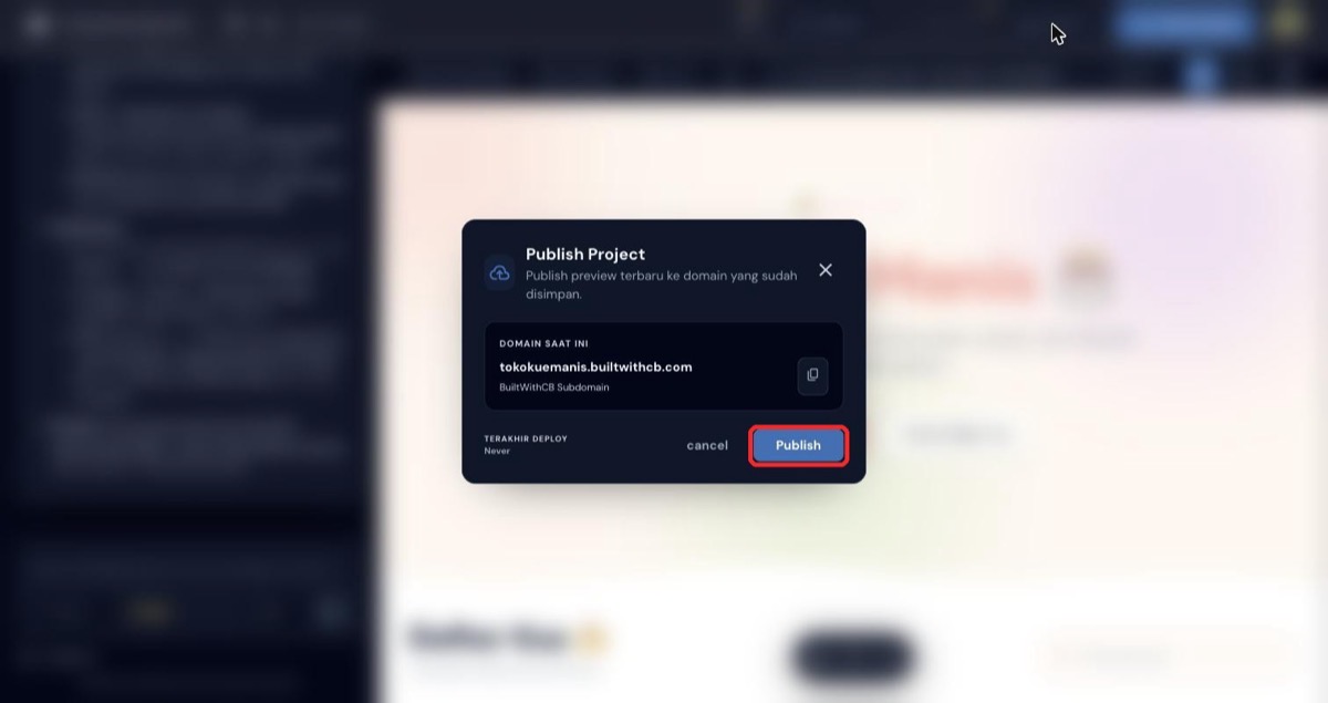 Modal Publish dengan domain tersimpan siap di-publish