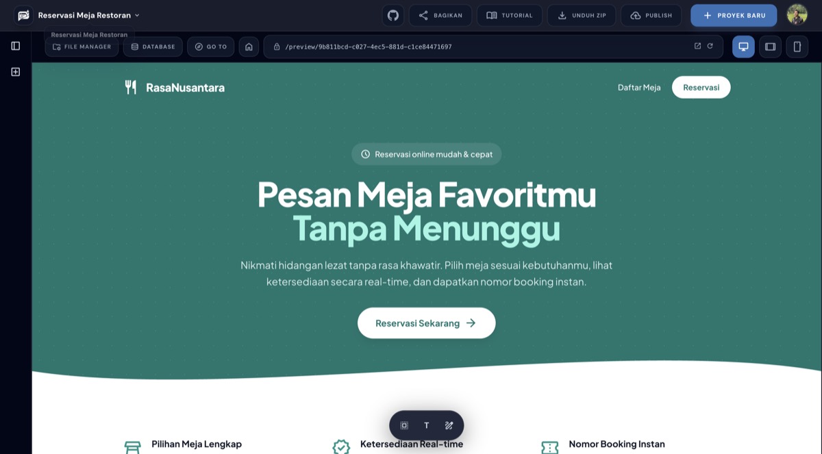 Landing page hasil build AI untuk sistem reservasi meja restoran RasaNusantara, menampilkan hero section dengan tombol Reservasi Sekarang