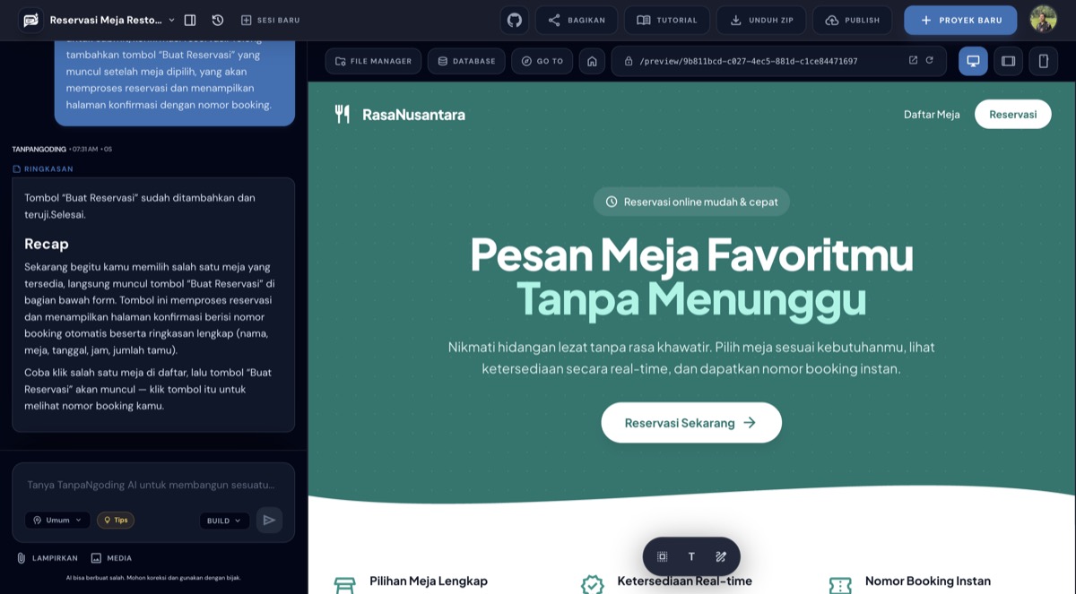 Panel chat builder menampilkan ringkasan AI setelah selesai membangun fitur reservasi, termasuk penjelasan alur pilih meja dan tombol Buat Reservasi