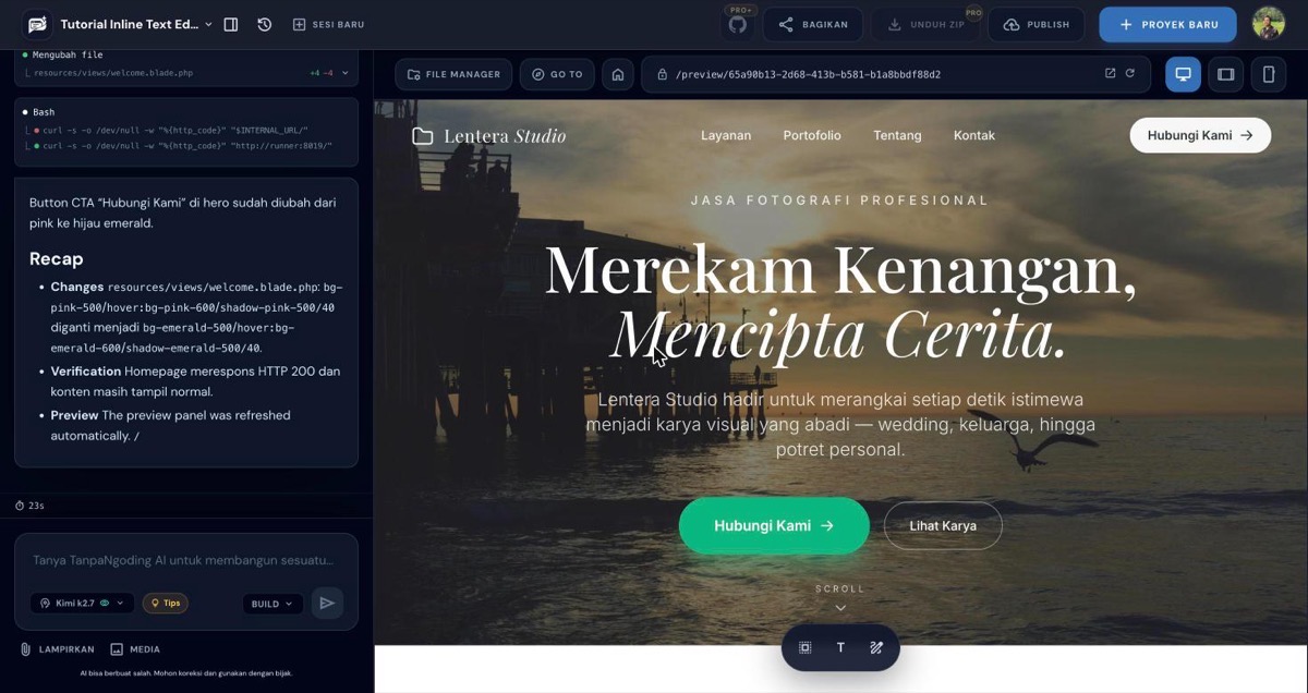 Tampilan awal project dengan tombol Hubungi Kami