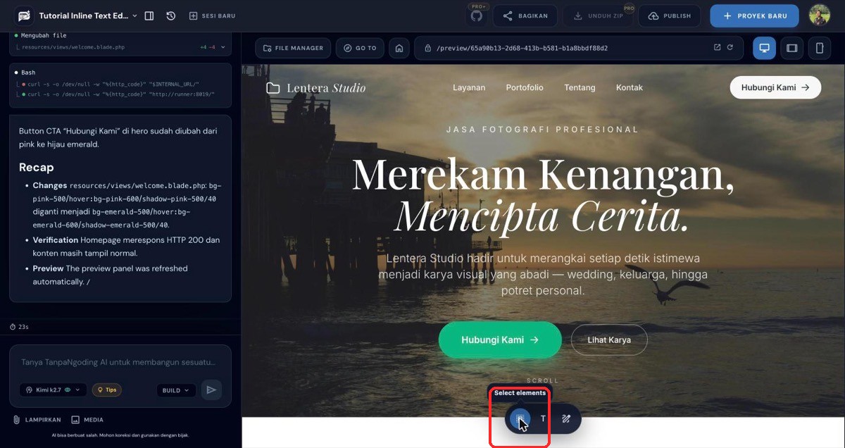 Klik ikon Select Element di floating toolbar preview