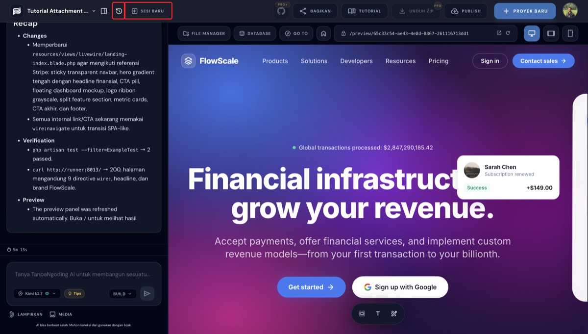 Header builder dengan ikon riwayat dan tombol Sesi Baru ditandai kotak merah